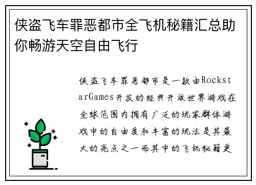 侠盗飞车罪恶都市全飞机秘籍汇总助你畅游天空自由飞行